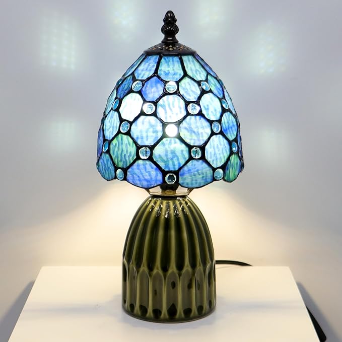 Tiffany Lamp Stained Glass Mushroom Table Lamps 6X6X12.5 Inch Blue Ripple Pearl Style Small Night Light Ceramic Base Mini Accent Desk Light Suitable for Bedside Table Bedroom Children Room