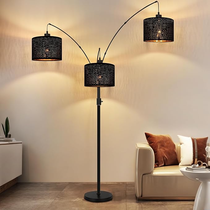 Dimmable Floor Lamp-3 Lights Arc Floor Lamps for Living Room,Modern Tall Standing Lamp With Black Drum Hollow-carved Linen Shades,Gothic Mid Century Tree Floor Lamp for Bedroom Corner,Bulbs Included