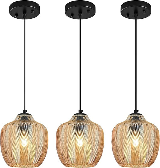Amber Glass Pendant Lights Kitchen Island 3 Pack 6.29 in Glass Globe Pendant Light Fixture Adjustable Modern Farmhouse Pendant Lighting for Bedroom Dining Room