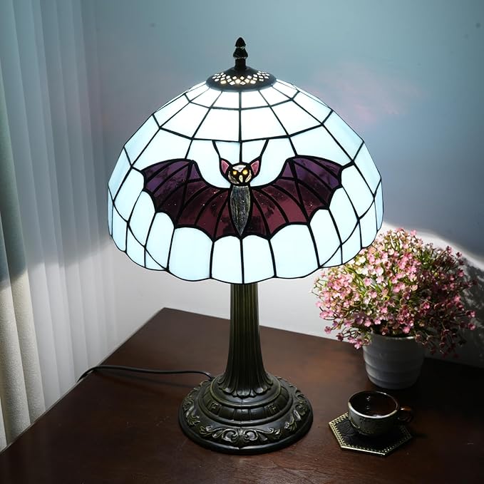 Tiffany Lamp Stained Glass Lamp 12 Inch Tiffany Style Blue Background With Black Bats Bedside Lamp Classical Art Decor Bedroom Living Room Dining Dormitory Table Vintage Home Decor The Ideal Gift