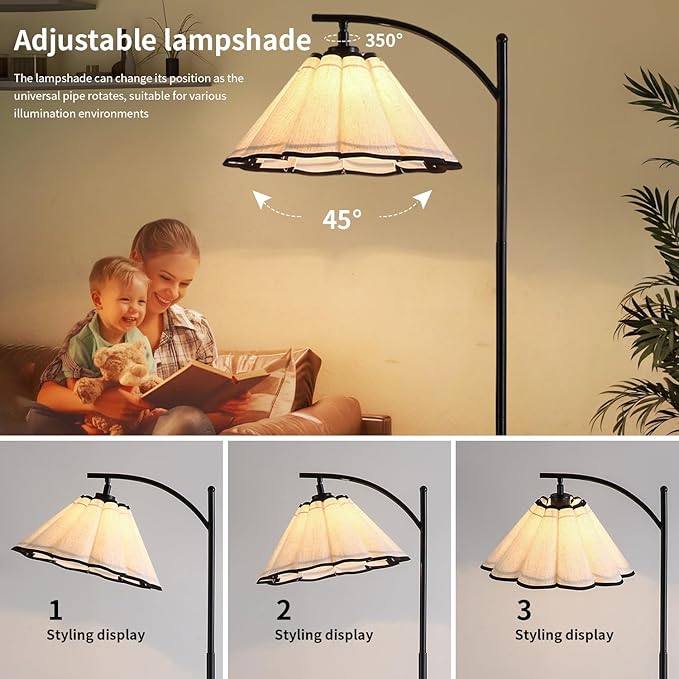 Floor Lamp with Pleated Linen Lampshade, Modern Flower Floor Lamp for Living Room Arc Standing Lamp, Gold Tall Lamp for Bedroom Office Dining Room, Bulb Included (Black + Black, 66.14IN)