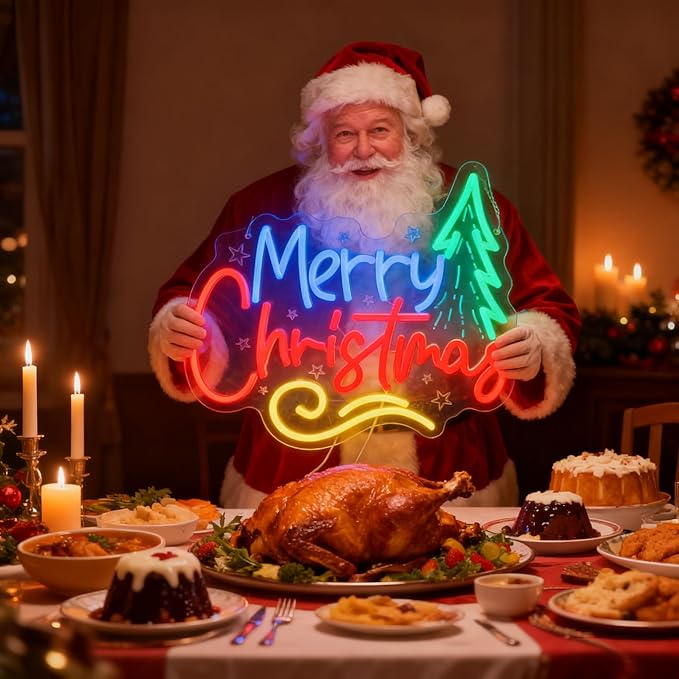 Christmas Neon Sign, Green Tree Shape with 'Merry Christmas' Lettering, LED Holiday Decoration for Indoor Home Wall/Tabletop