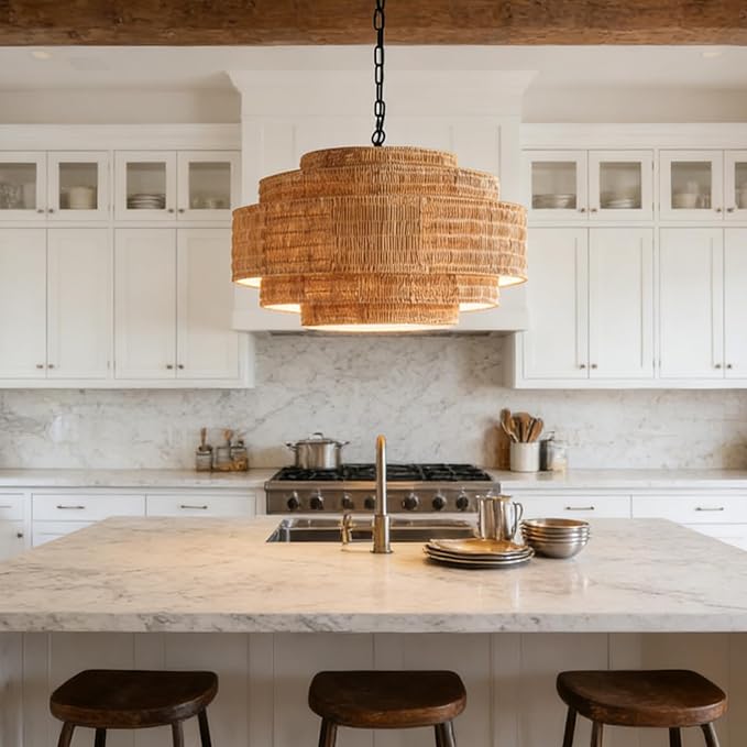 Foyer Chandelier 5-Light Rattan Chandelier Lighting Hand Woven Boho Wicker Hanging Pendant Light Fixture 23.6" Large Chandeliers for Dining Room Kitchen Living Room Bedroom