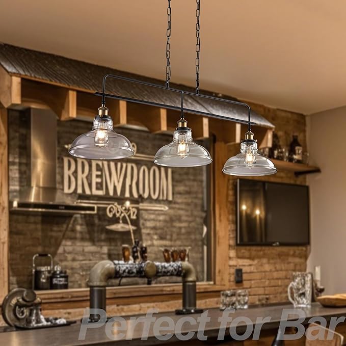 Industrial Glass Kitchen Island Lighting Vintage 3-Lights Glass Pendant Light for Kitchen Island Rustic Farmhouse Black Chandelier for Dining Room, Living Room, Bar, Over Table