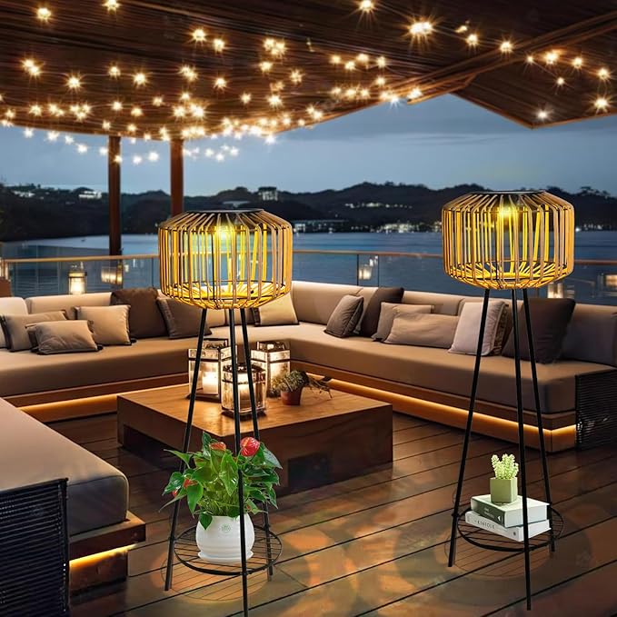Outdoor Floor Lamp Outdoor Solar Lights Rattan Lamp with Plant Stands Metal Tripod Outdoor Floor Lamps for Patio Yard Deck Porch Walkway Driveway Garden Decor