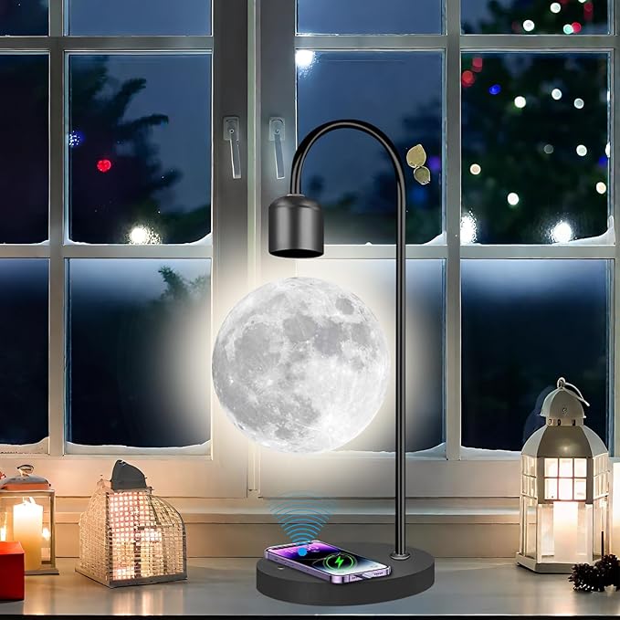 Magnetic Levitating Moon Lamp with Wireless Charging Base, 16M+ Swichable Colors, 3D Printed Floating LED Night Light for Bedroom Decor