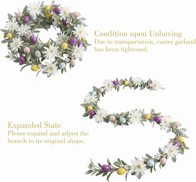 6ft Pre-Lit Easter Garland with 40 LED Lights, Artificial Waterproof Lambs Ear Spring Floral Greenery with Pastel Eggs & Daisy Flowers for Fireplace Mantels, Tables, Walls,Indoor & Outdoor Decor