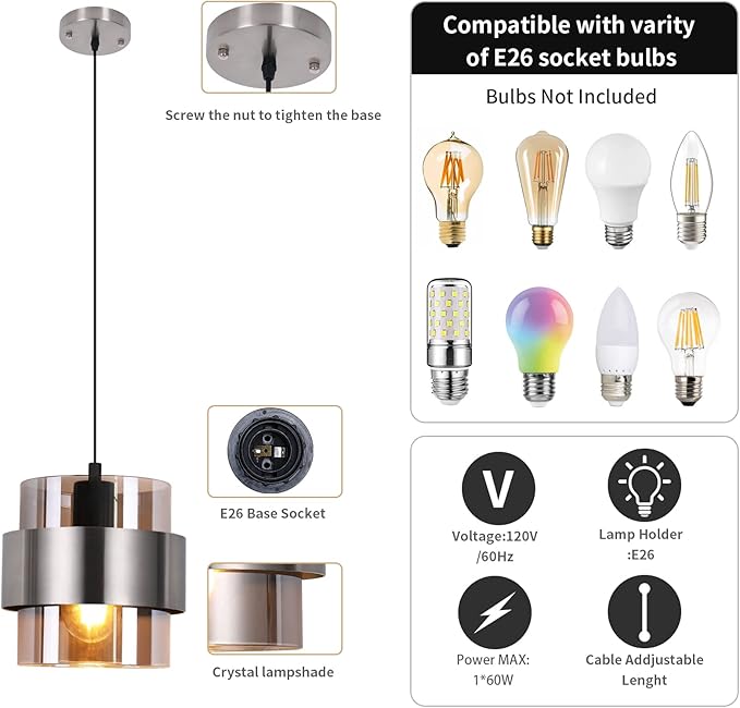 Pendant Lights Kitchen Island Lighting,7 Inch Adjustable Mini Glass Haning Lights for Entrance Aisle Decorative Lighting Fixture for Dining and Bar Table (2 Pack Brushed Nickel)