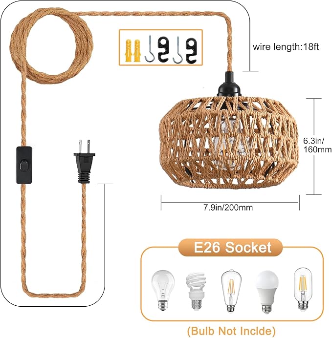 Plug in Pendant Light, Industrial Hanging Light with Plug in Cord Hemp Rope On/Off Switch Farmhouse, Vintage Hanging Lamps for Dining Room