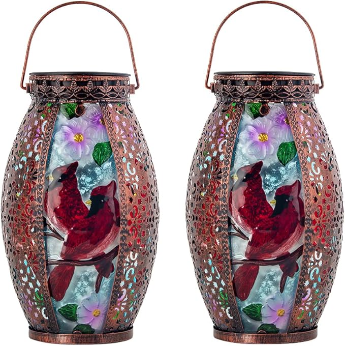 Larger Hanging Cardinal Solar Lantern 2 Pack Waterproof, Solar Lantern Decorative Cardinals Solars Lights for Outside Yard Table Patio Garden Pathway Lawn Cardinal Gifts