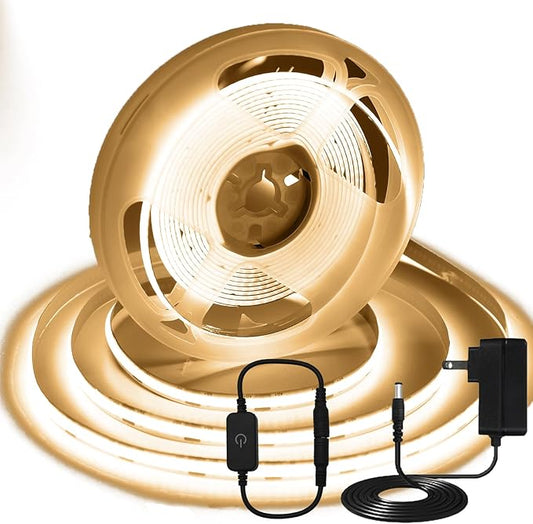 16.4FT/5M COB LED Strip Light, Warm White 3000K LED Tape Lights, Cuttable LED Lights CRI93+ Flexible Dimmable Light Strip for Bedroom TV Backlight Mirror Kitchen Cabinet Decor(with Plug)