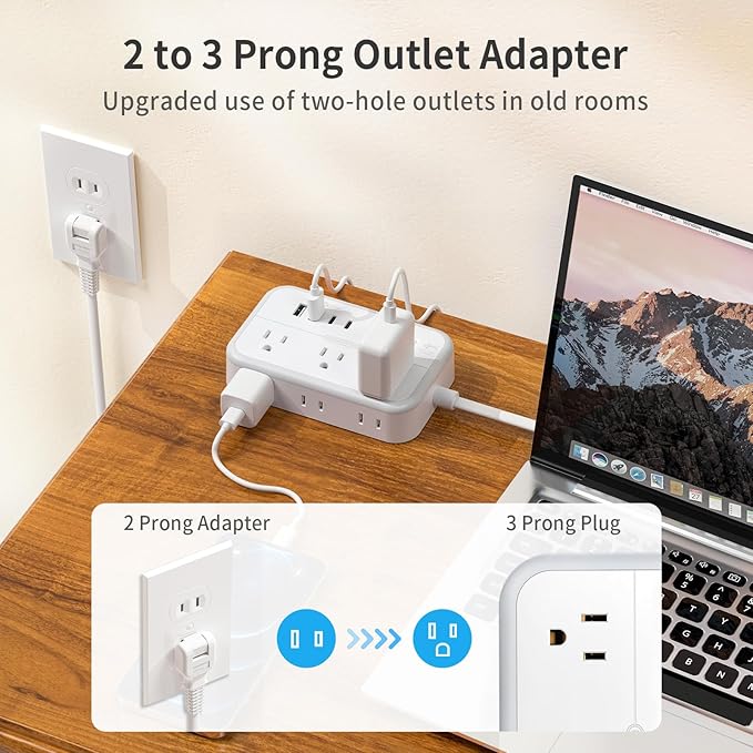 NTONPOWER 2 Prong Power Strip, 1875W/15A 2 Prong to 3 Prong Outlet Adapter, Power Strip with 4 USB Ports(2 USB C), 5 FT Rotating Flat Plug Extension Cord for Old House, Wall Mount