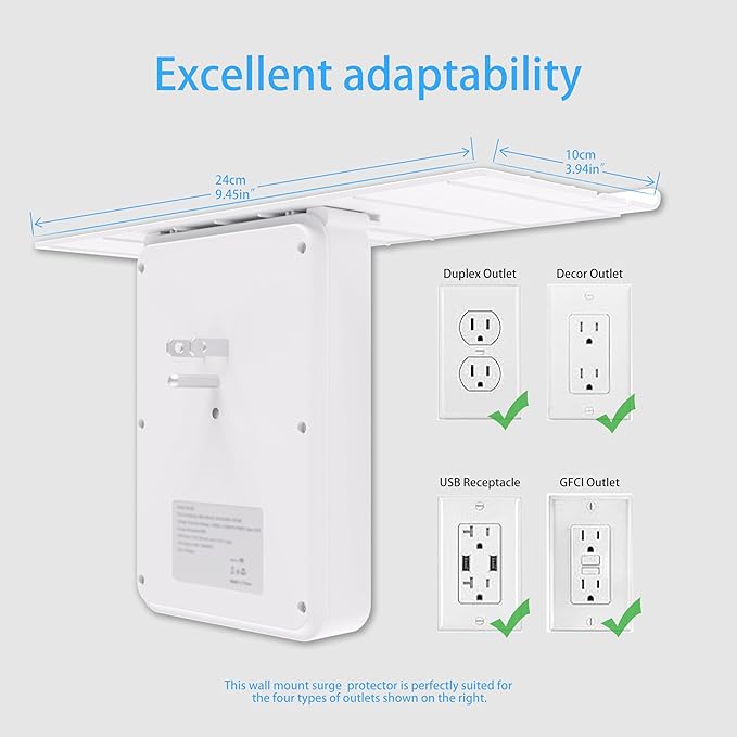 Socket Outlet Shelf,Wall Outlet Extender Surge Protector with Nightlight,6 Outlets with 3 USB Ports(1 USB C) Plug Expander Charger Shelf with Storage for Home,Dorm