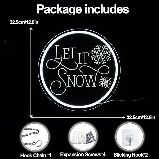 Let It Snow Neon Sign For Room Decor Christmas Neon Lamp White Snow Led Light For Kids Room Christmas Gift For Kids Hanging Glow Sign For Home Bedroom Dorm Studio Office Shop Party Sign(USB Power)