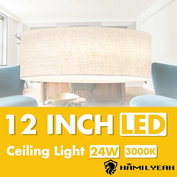 Hamilyeah Fabric Ceiling Light Fixture 24W, 12 inch LED Ceiling Light Flush Mount Dimmable, Kitchen Light Fixture Ceiling Mount, Close to Ceiling Light for Bedroom, Living Room