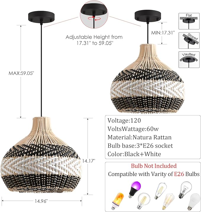 3-Light Rattan Pendant Light,15" Hand-Woven Black White Boho Basket Wicker Chandelier Faux Rattan Hanging Light,for Living Room Bedroom Kitchen Dining Hallway Farmhouse