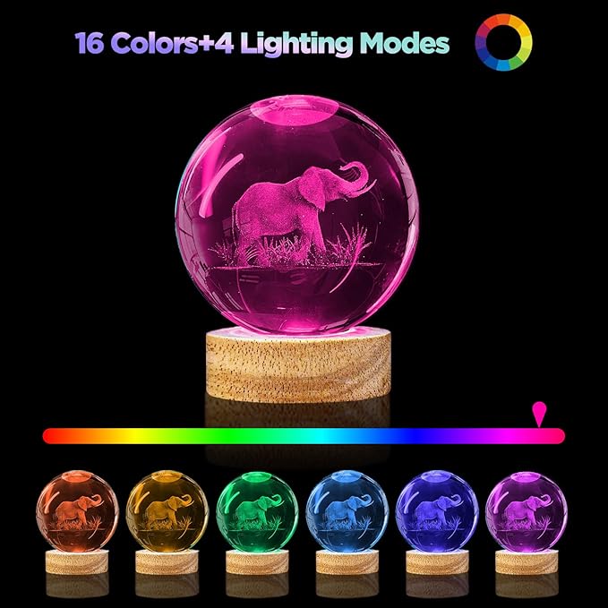 3D Elephant Crystal Ball Night Light, 3.15in K9 Lamp with 16 Colors Change, Wooden Base and Remote Control Decor Gifts for Women Kids