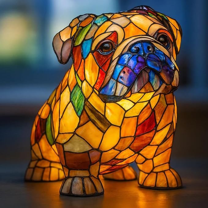 Rainbow Puppy Lamp Stained Glass Dog Night Light 3D Retro Stained Resin Rainbow Pup Lights Charge Powered Table Lamp Puppy Glow Lamps for Home Bedroom Desk (H)
