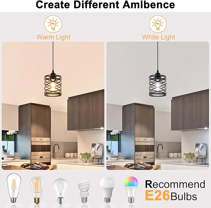 WILON Farmhouse Pendant Lights for Kitchen Island,5.9'' Spiral Cage Pendant Lights,Adjustable Black Industrial Pendant Light Fixtures Retro Lighting for Kitchen Island, Living Room, Bedroom (1-Light)