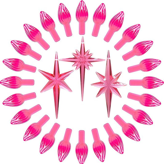 Ceramic Christmas Tree Replacement Lights Bulbs, Pink Medium Twist Plastics Pegs Ornaments for Ceramic Tree(87 Bulbs＆ 3 Topper Star)