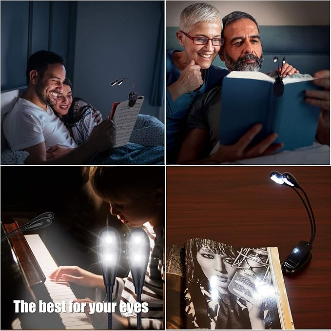 Music Stand Light, 1/2/4/10 Pack Clip on LED Book Lights, USB and AAA Battery Operated, Reading Lamp in Bed, 4 Brightness Levels, Ideal for Musician, Piano Player, Sheet Music, Travel (Dual Arm)