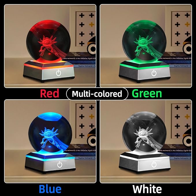 3D Axolotl Crystal Ball Night Light 3.15 inch Glass Ball Table Lamp with Color Changing Touch Base Decor Ideal Axolotls Gifts for Friends Kids Christmas Birthday