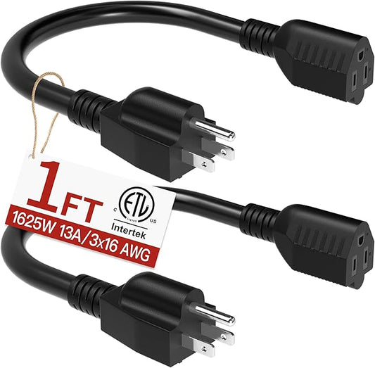 16/3 Short Extension Cord 1 FT 2 Pack, Black Extension Cord Flexible & Durable, Indoor 3 Prong Power Cable, Suitable for Home and Office, 13 Amp 1625 Watt 125VAC 16AWG, ETL Listed