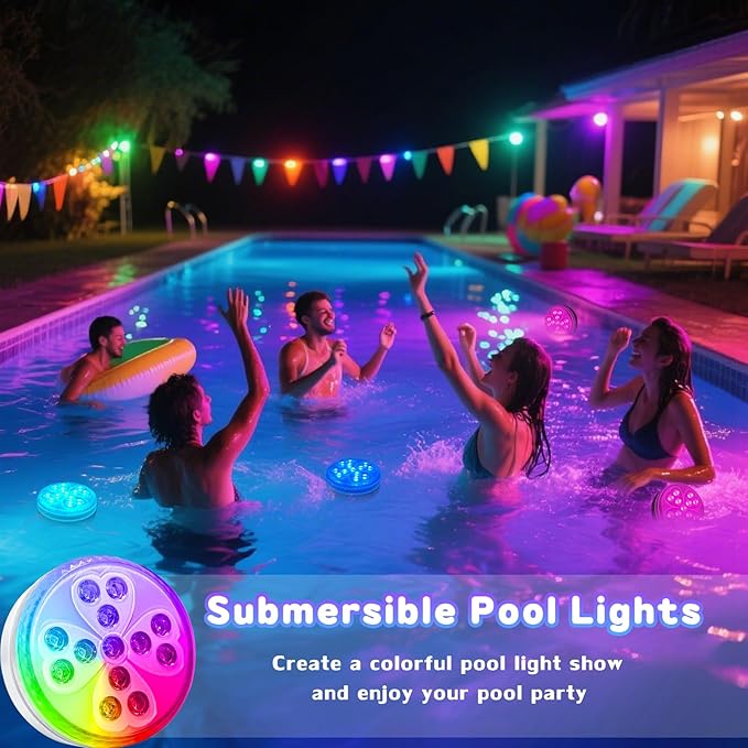 Pool Lights, 10 Colors Rechargeable Submersible LED Lights with Remote & 6 Modes, IP68 Waterproof Dimmable Shower Lamp, LED Underwater Light for Inground Above Ground Pool Party Hot Tub (2 Pack)