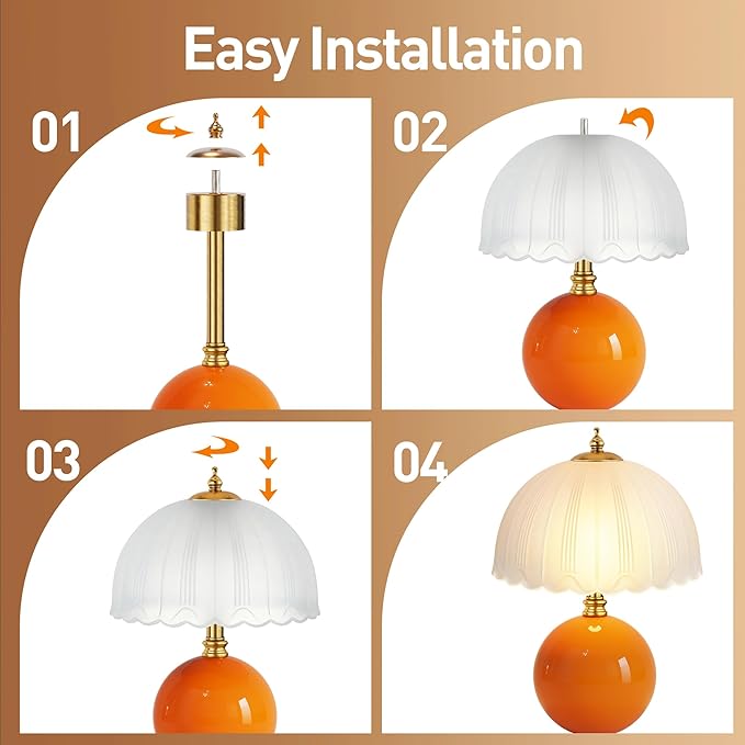 PARTPHONER Mushroom Table Lamp, Ceramic Bedside Lamp with Glass Shade, 3-Way Lighting (2700K-5000K) Rocker Switch, Small Nightstand Lamp for Bedroom, Living Room, Office, Orange