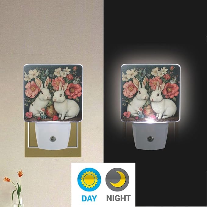 Easter Flower White Rabbit Night Light 2 Pack Dusk to Dawn Sensor Led Lamp for Women Men Night Lights Plug into Wall Decor for Bedroom Kitchen Corridor, 0.5W