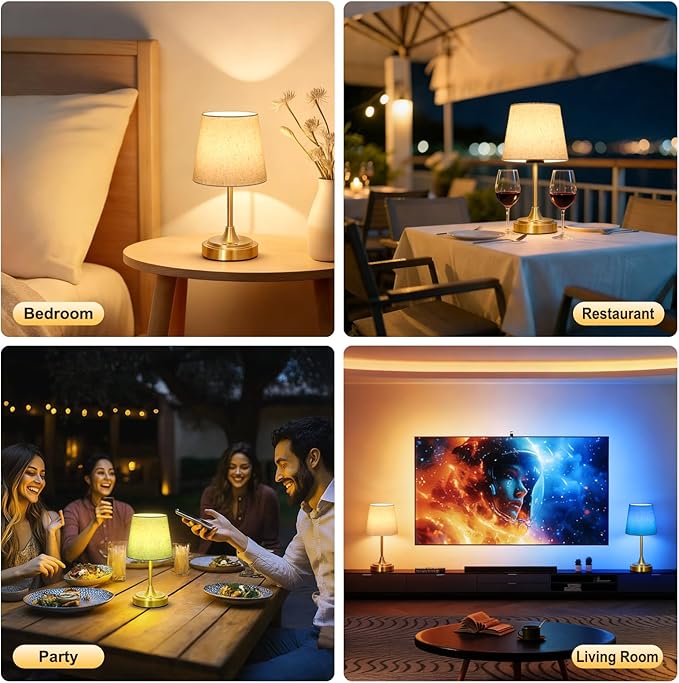 Small Cordless Table Lamp Rechargeable,5000mAh Battery Operated Desk Lamp,3 Colors & 7 RGB Stepless Dimmable,Touch Ambient Light for Bedside,Bedroom,Dining Room,Living Room,Gold,FlaxenShade