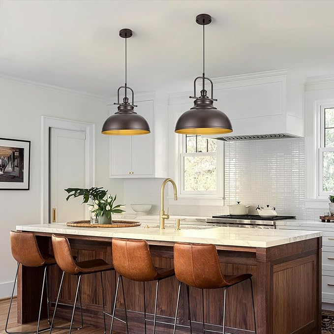 TAKEGO 15.8” Large Farmhouse Pendant Lights Kitchen Island, Oil Rubbed Bronze Rustic Pendant Light Fixture, Vintage Dome Pendant Light, Industrial Hanging Ceiling Lamp for Dining Room, Hallway