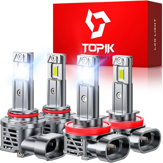 TOPIK 9005 H11 Light Bulbs Combo 800% Brighter 64000LM 6500K Cool White, Plug N Play, 50000Hrs Lifespan, No Flicker, 99% Compatibility, HB3 H9 H8 Light for Off-Road Use or Fog Light, Pack of 4