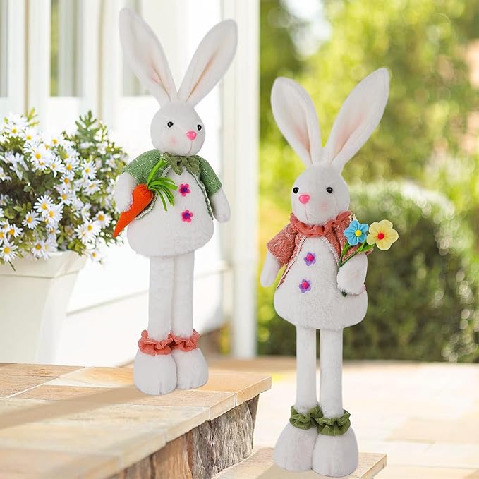 Glintoper 2 Pack Easter Standing Bunny with Stretchable Legs, 18" to 25" Plush Rabbits Couple Figurine, Cute Party Favor Photo Props Gifts for Office Kitchen Farmhouse Front Door Spring Home Decor
