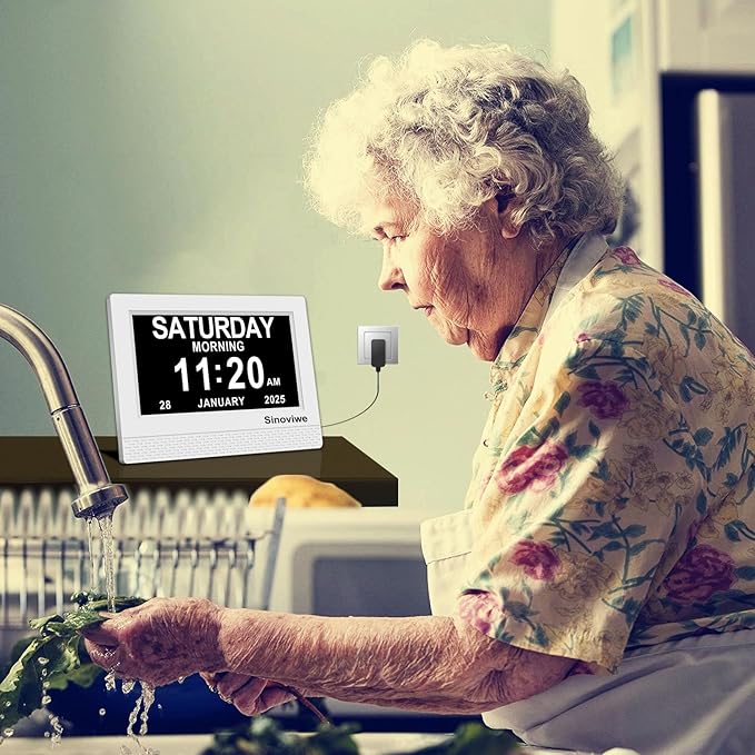 Digital Alarm Clock 7" HD Large Screen Digital Calendar with Auto-Dimming, Clear Day/Date Display for Alzheimer's Dementia Seniors & Low Vision with Remote Control and Custom Reminder Function(White)