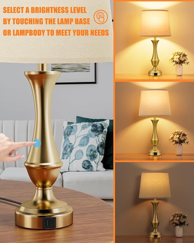 Seealle Upgraded Touch Lamps for Night Stands Set of 2 - Bedside Lamps with USB C+A, 3 Way Dimmable for Bedroom Living Room End Tables Office (Oat Shade&Coppery Base)