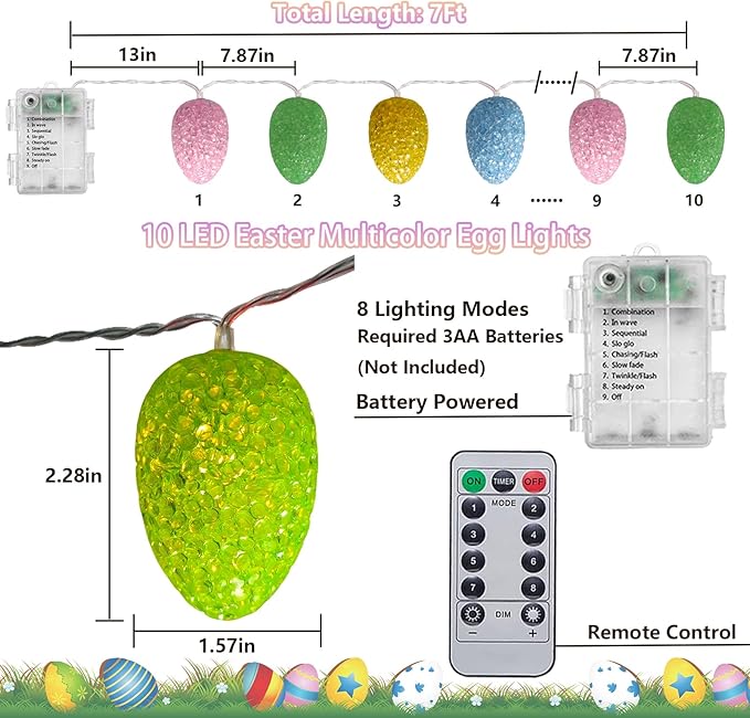 Easter String Lights Battery Operated 7Ft 10 LED Pastel Egg Lights Shatterproof with Timer, Indoor Outdoor Decorations Egg Light String for Party Garden Home Spring Themed Tree Easter Decor