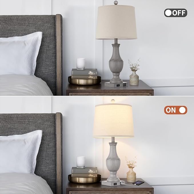 Farmhouse Table Lamps Set of 2, Rustic 25" Touch Control Bedside Lamps with 2 USB Ports & AC Outlet, Vintage 3-Way Dimmable Nightstand Lamp Linen Fabric Shade for Living Room Bedroom End Table Decor