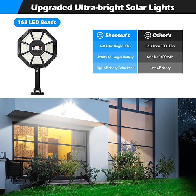 Solar Lights Outdoor Waterproof, 6500K 168 LED Flood Lights Outdoor Motion Sensor, Dusk to Dawn Solar Outdoor Lighting, Solar Powered Street Light with Remote for Outside Parking Lot Pool Yard, 2-Pack