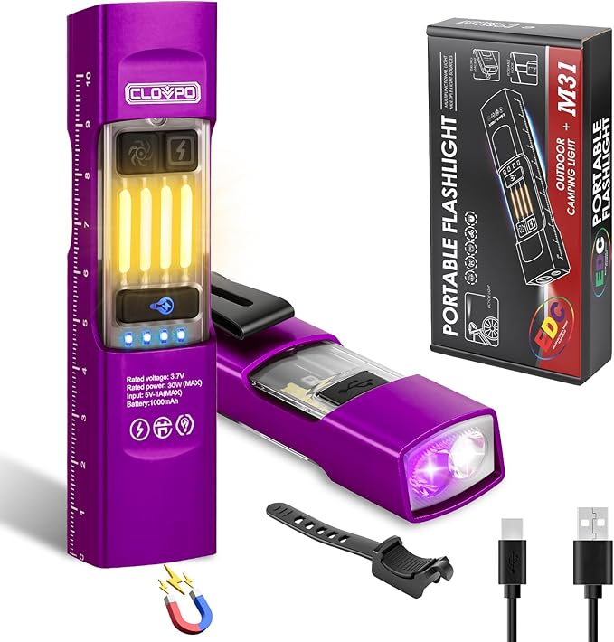EDC Flashlight Rechargeable 365nm UV Flashlight with RGB, Mini Magnetic LED Flashlight 1500 Lumens Pocket Flashlight with Mode Memory for Working, Emergency, Pet Urine Detection (Purple)