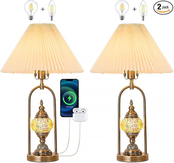 beaysyty Vintage Mosaic Table Lamp Set of 2, 25.2 Inch Decorative Bedside Lamps with Pleated Shade, USB Charging Ports, Colored Glass Globe Night Light, Bronze Gold Finish and Beige Lampshade