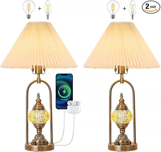 beaysyty Vintage Mosaic Table Lamp Set of 2, 25.2 Inch Decorative Bedside Lamps with Pleated Shade, USB Charging Ports, Colored Glass Globe Night Light, Bronze Gold Finish and Beige Lampshade