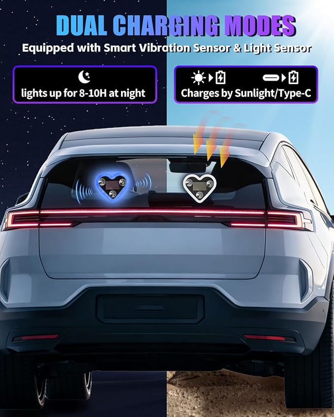 Valentines Day Decorations Car LED Interior Lights, Solar & Type-C Rechargeable Heart-Shaped Car Ambient Lights, 2 PCS Heart Lights & 2 PCS Mini USB Lights, Blue Car Decorations