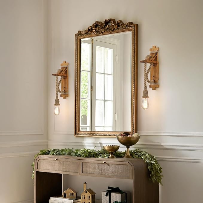 SEEBLEN Wall Sconces Set of Two Farmhouse Wooden Wall Sconce with Natural Hemp Rope,Boho Wall Lamps for Bedroom Beside Living Room Fireplace.