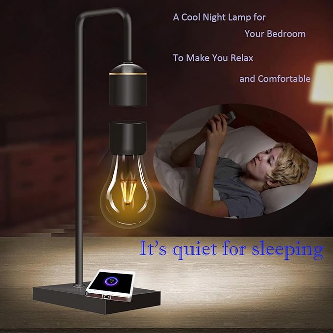 Magnetic Levitating Light Bulb with Luxury Wireless Charging Pad (Apple/Android) Levitation Plastic Black Floating Table Lamp White LED Night Light for Bedrooms Desk Toys Office Gifts