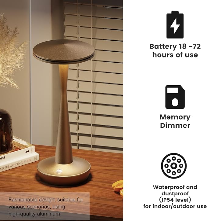 SAKRINGT Rechargeable Cordless Table Lamp, 72Hrs Battery Operated LED Table Light, Portable Touch Dimmable Lamp for Restaurant Patio Dining Outdoor Camping（2 Pack）