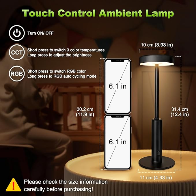 Small Cordless Table Lamps Rechargeable,5000mAh Battery Operated Portable Desk Lamp,3 Colors & RGB Stepless Dimmable Wireless Touch Lamps for Restaurant Home Dinner Dining Patio(Black)