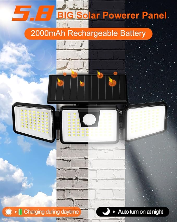 INCX Solar Motion Sensor Lights Outdoor, 3 Heads Security Lights Solar Powered, 156 LED Flood Light Motion Detected Spotlight for Patio Yard Garage Entryways, IP65 Waterproof 4 Pack