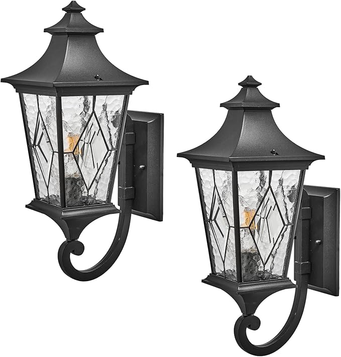 Outdoor Garage Lighting Fixtures 14.6 Inch Outdoor Wall Sconce Light Waterproof Outdoor Light Fixtures Wall Mount with Water Ripple Handmade Glass for Porch 2-Pack E26 Socket
