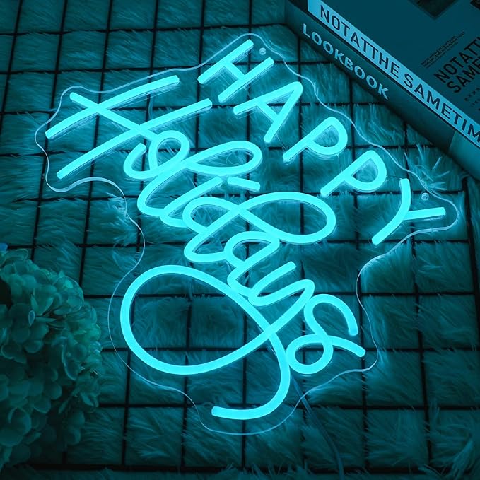 Happy Holidays Neon Sign for Wall Decor Blue Holiday Neon Lights Dimmable LED Christmas Neon Signs for Christmas, Thanksgiving, New Year